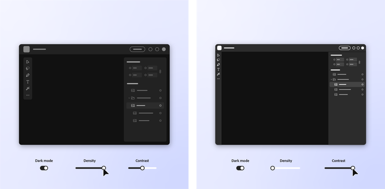 Side-by-side composite of an anonymized product user interface, showing adjustable controls for dark mode, density, and contrast.