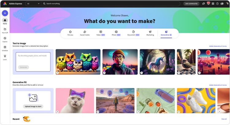 A screenshot of the Adobe Express logged-in homepage with the greeting text “Welcome Shawn, What do you want to make?” and features including text to image and generative fill, with examples of outputs from each.