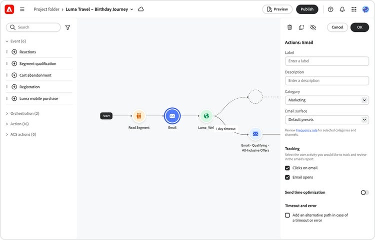 The Spectrum 2 design for Adobe Journey Optimizer showing an open project workflow for a user journey.