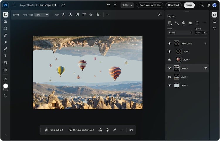 The Spectrum 2 design for Adobe Photoshop on web, showing an in-progress user edit of a photo illustration of hot air balloons over a mythical mountain landscape.