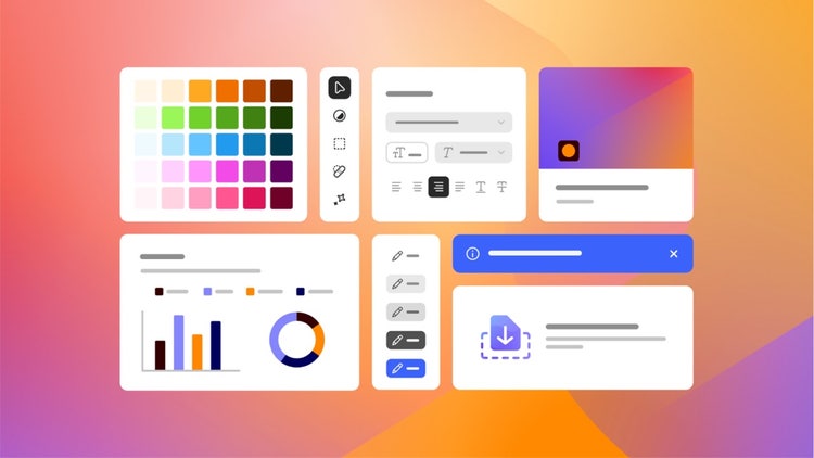 Composite image on a colorful background showing abstracted Spectrum 2 components, including color gradients, a toolbar, a text formatting window, a content tile, an analytics chart, button styles, and alert bar, and a download prompt, in anonymized product user interfaces.
