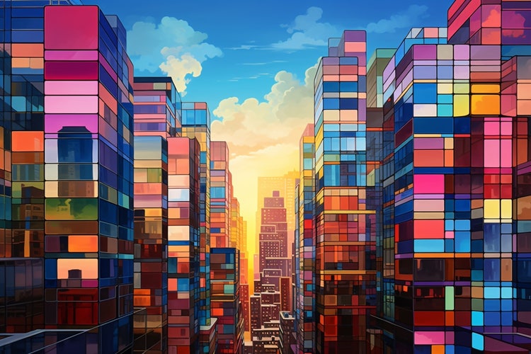 A colorful city buildings with blue sky and clouds.