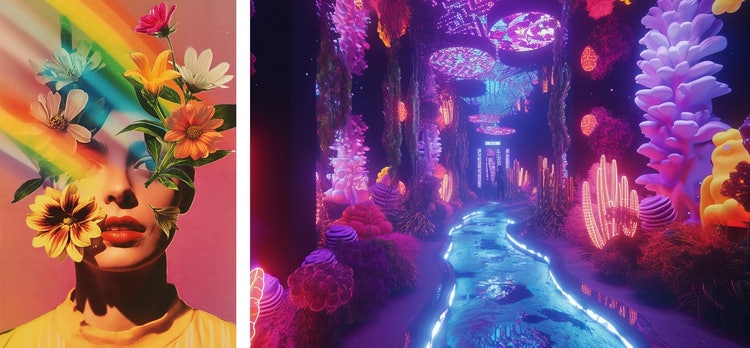 Image of Floral portrait with rainbow light and pride theme and an image of a dreamlike sequences, navigating through a hallucinatory world filled with neon lights.