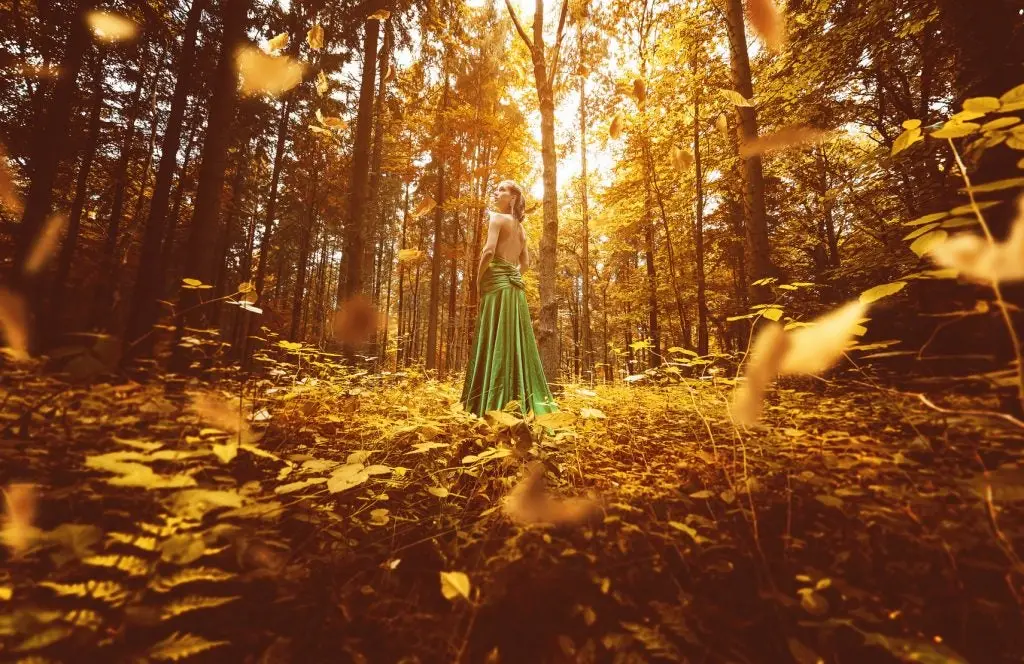 Frau mit grünem Abendkleid in herbstlichem Wald