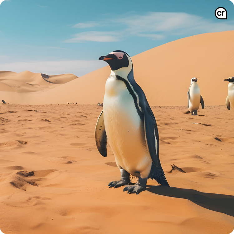 Image of penguins walking in the desert sand.
