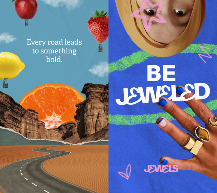 Creative Trend Surreal Silliness. Road leading to mountains with fruit in the sky. Be Jeweled showing hand with rings on it.