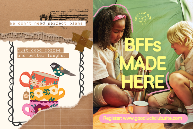 Creative Trend Connectioneering. Image of a stack of mugs with a bird on top. Two kids sitting in a tend together.