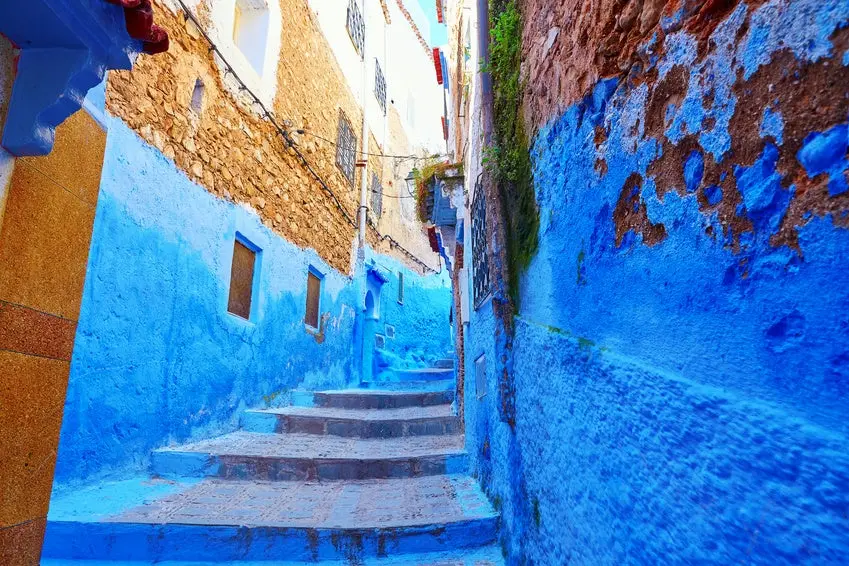 Street in Medina of Chefchaouen, Morocco, small town in northwest Morocco known for its blue buildings