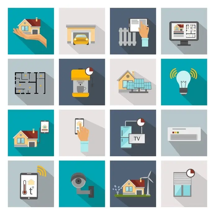 Smart house flat square icon set with different types of smart system and detectors in home vector illustration