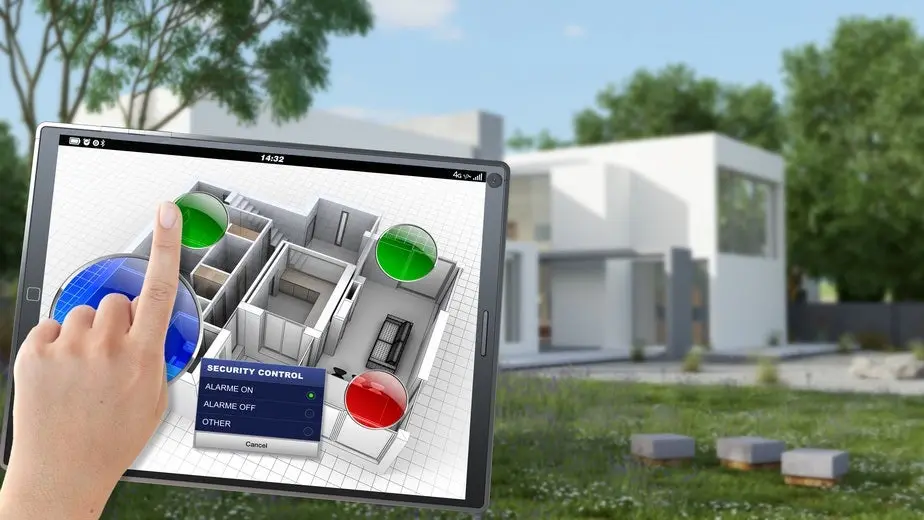 3D rendering of a villa being controlled remotely by a person with a mobile device