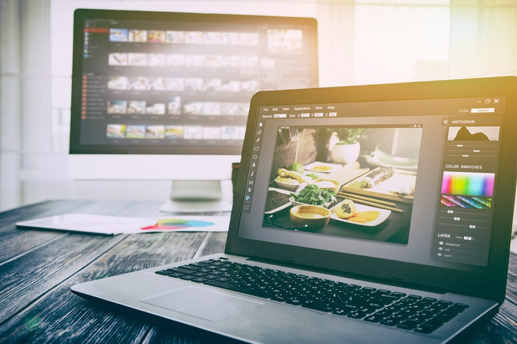 photographer camera editor monitor design laptop photo screen photography - stock image