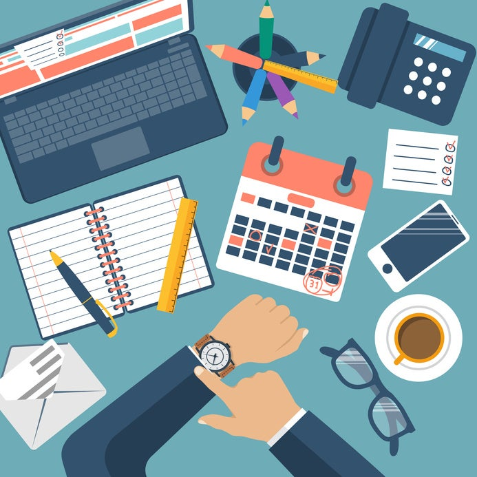 Deadline concept, flat design, vector. Management schedule, time management. Last day month. Calendar with notes. Mark on dates. Planning deadline. 31 numbers. The Man at the table checks the time.