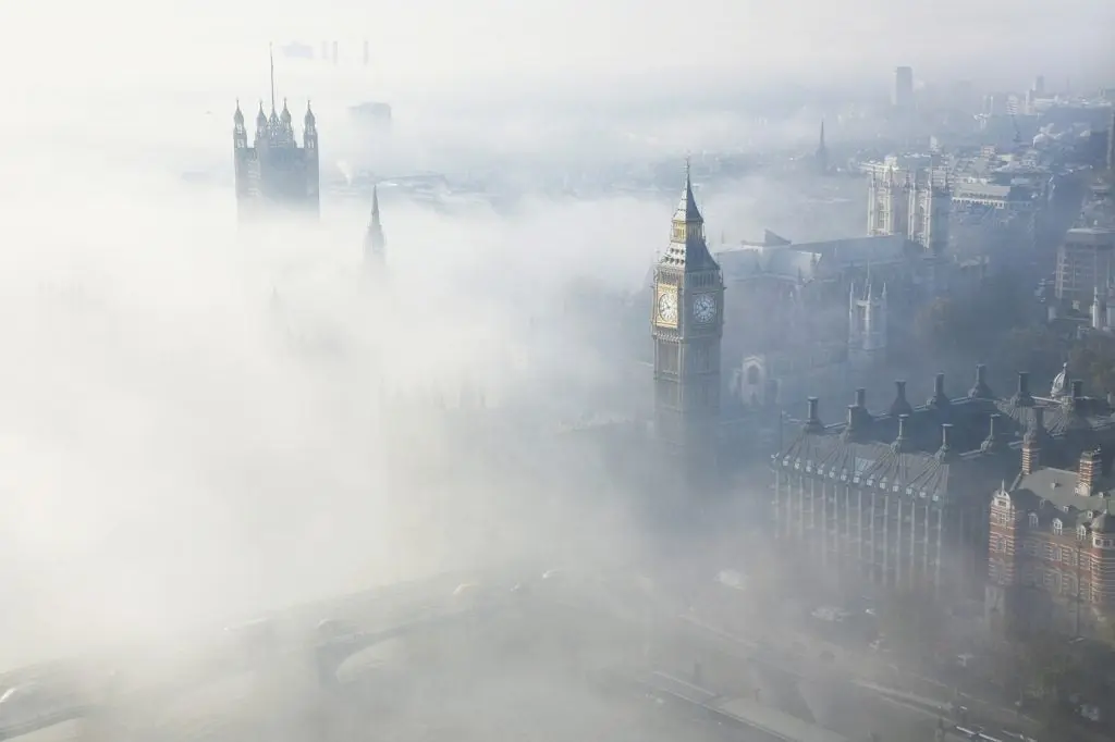 Palace of Westminster in fog seen from London Eye