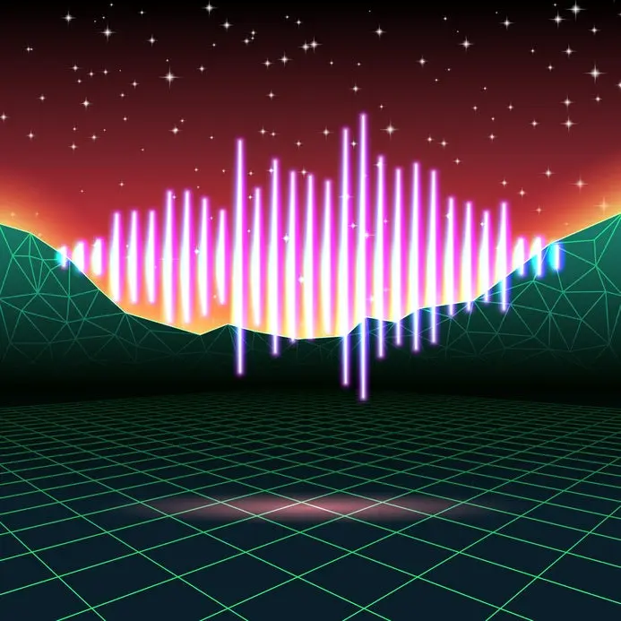 Retro gaming neon background with music wave