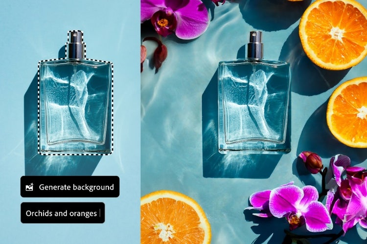 A bottle of perfume with oranges and flowers Description automatically generated
