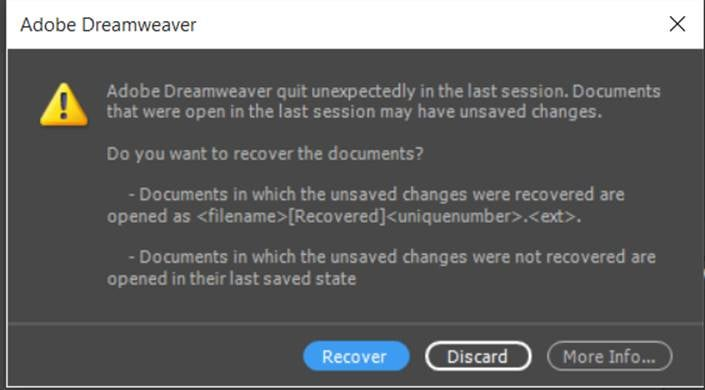 Dreamweaver での自動復元