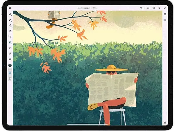 Adobe Frescoのブラシで描かれた、日よけ帽をかぶって朝刊を読んでいる男と、近くの木の枝で同じことをしているリス。