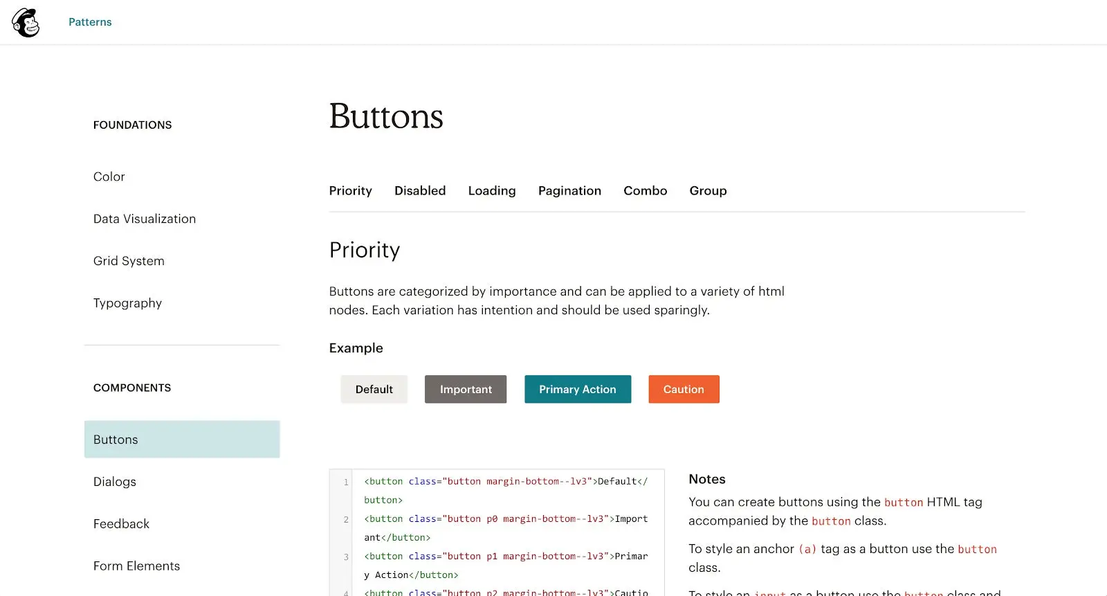 Mailchimpのデザインシステムの公開Webサイト。コードスニペットを含むデザインパターンが説明されている。