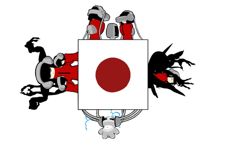 日本の国旗が中心に使用されたグラフィックイラスト。