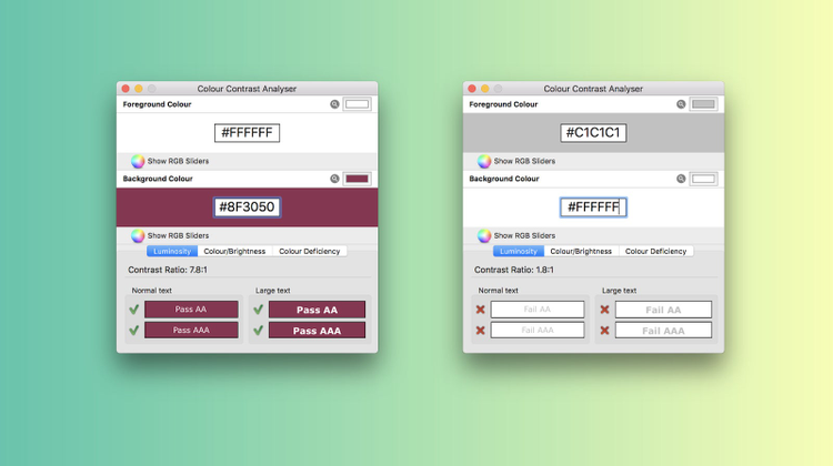 Color Contrast Analyzerのスクリーンショット。色コントラストに関するアクセシビリティテストの合格および不合格の例を示している。