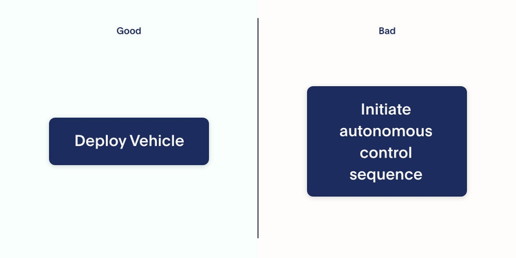 製造工場で使用されるソフトウェアのUIにおける良いUXの例は、簡潔で理解しやすい「車両を配備 」、悪いUXの例は、複雑で把握しにくいオプション「自律制御シーケンスを開始」を表示。