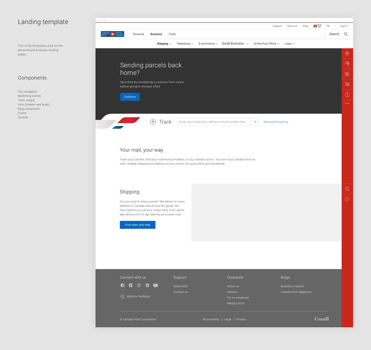カナダポストのデザインキットには、テンプレートと各テンプレートで使用できるコンポーネントの使用例が含まれます。たとえば、このランディングページのテンプレートには、トップナビゲーション、マーケティングバナー、ブログコンポーネントなどが含まれています。