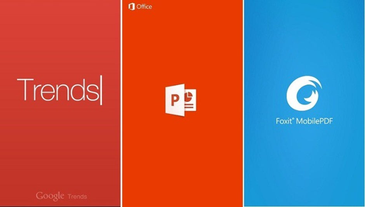 Google Trends、Powerpoint、Foxit MobilePDFのスプラッシュ画面。どれもシンプルなデザインを使用しています。 出典: Medium.com