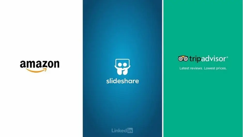 Amazon、Slideshare、TripAdvisorのスプラッシュ画面はブランドのアイデンティティを示している。 出典: Medium.com