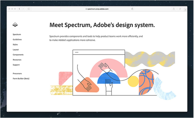 Adobe Spectrumデザインシステムのオンラインリソースハブのスクリーンショット。