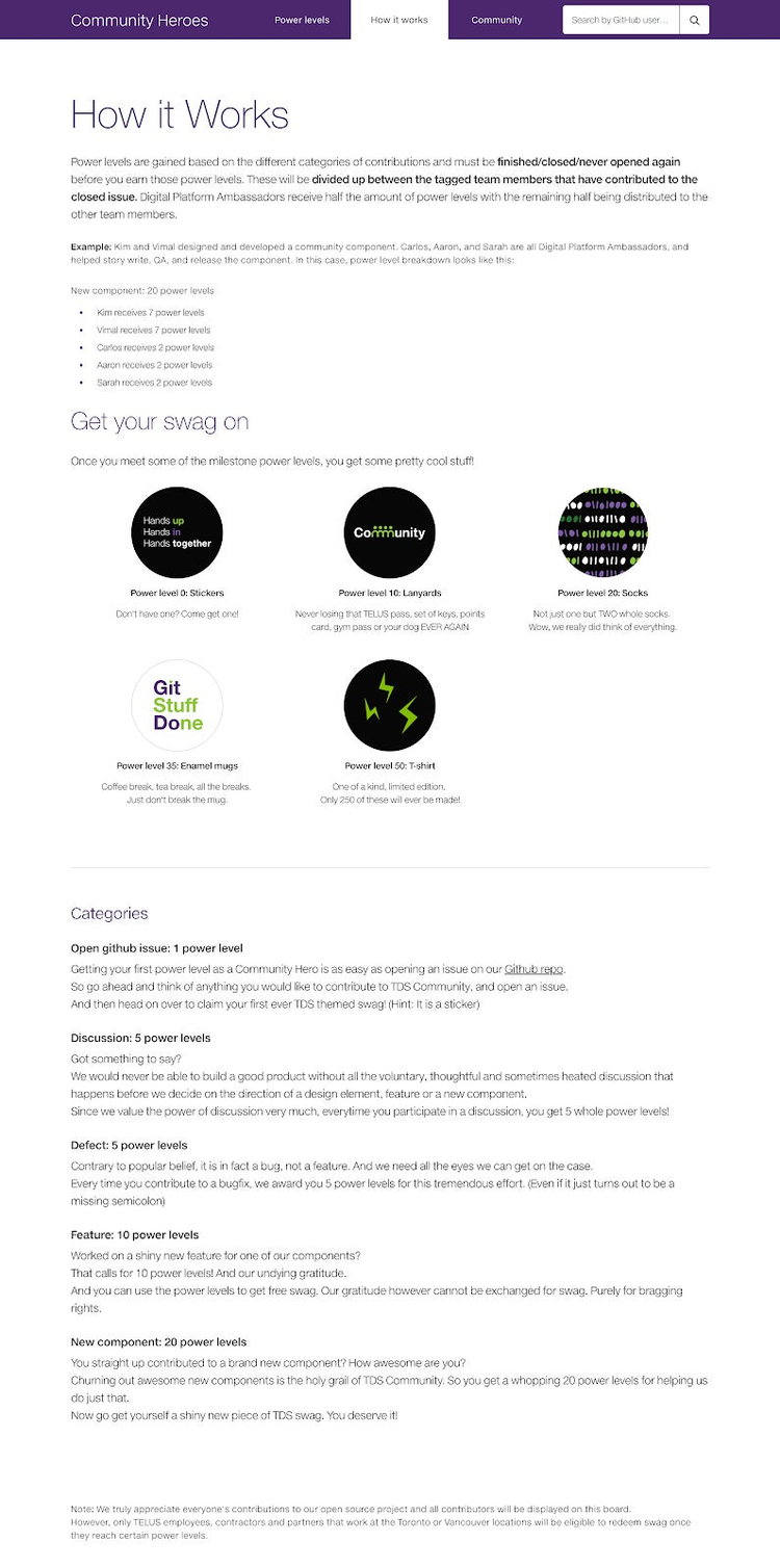 TELUSデザインシステムのコミュニティヒーロープログラムは、「パワーレベル」をゲーム要素として使うことにより、デザインシステムへの貢献を促している。パワーレベルのマイルストーンに達すると、貢献への謝礼としてカスタムグッズが贈られる。