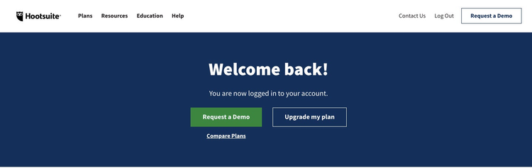Hootsuite.comでは、セカンダリボタンの「Upgrade my plan」にゴーストボタンスタイルを使用している。
