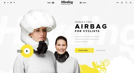 自転車乗り向けのエアバッグを宣伝するために、自転車乗りの写真をグラックスで囲んだランディングページ。