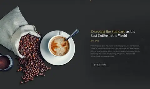 ダークモードを取り入れたコーヒーを扱う企業サイトのランディングページ。