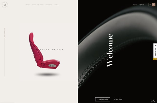 画面の右には3Dの革張りの座席の画像、反対側には「Welcome」の文字が目立つダークモードスタイル。