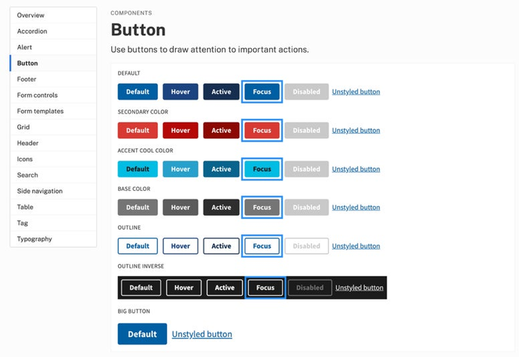 U.S. Web Design System のガイドラインには、さまざまなボタンコンポーネントがアクセシビリティに必要なステートと共に示されている。