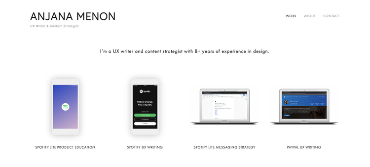 Anjana MenonのUXデザインポートフォリオであるanjanamenon.comのスクリーンショット。
