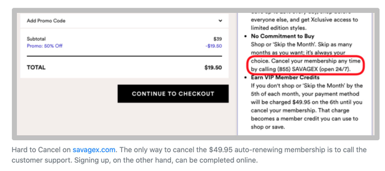 savagex.comではキャンセルすることが困難で、自動更新されるメンバーシップを解約する唯一の手段はカスタマーサポートに電話すること。登録のようにオンラインでは行えない。