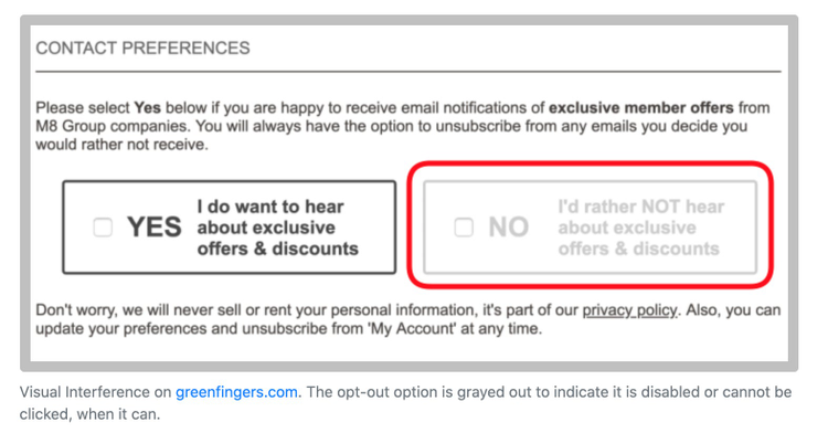 greenfingers.comのインターフェースでは、マーケティングの知らせからオプトアウトするオプションがグレーアウトされており、クリックすることができないように見える。
