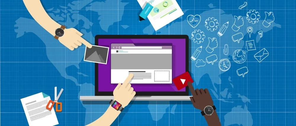 Illustration of several arms reaching out and pusing buttons on different devices.