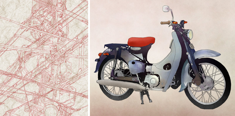 ペンタブに慣れるための練習（左）とデジタルでの日本画を探るなかで描いた絵（右）
