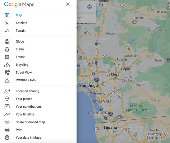 ビューの切り替えなど重要度の低い項目にハンバーガーメニューを使用した Google Maps の画像。