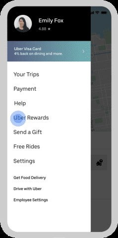 Uber のモバイル画面で二次的なナビゲーション項目に使われているハンバーガーメニュー。