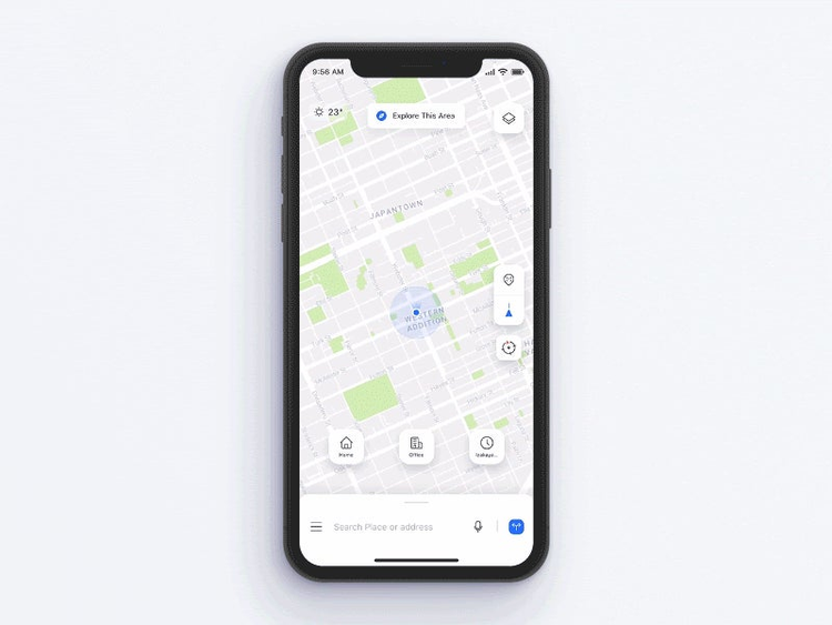 ユーザーが近くの場所を探すための iPhone X 向け地図 UI のコンセプト。