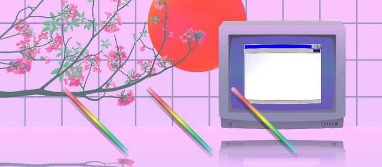 Pastel neon ambience room and CRT TV with vintage OS desktop