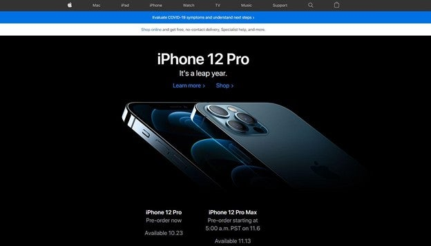 このスクリーンショットではアップルのホームページでは最新製品であるiPhone 12 Proが強調されている。