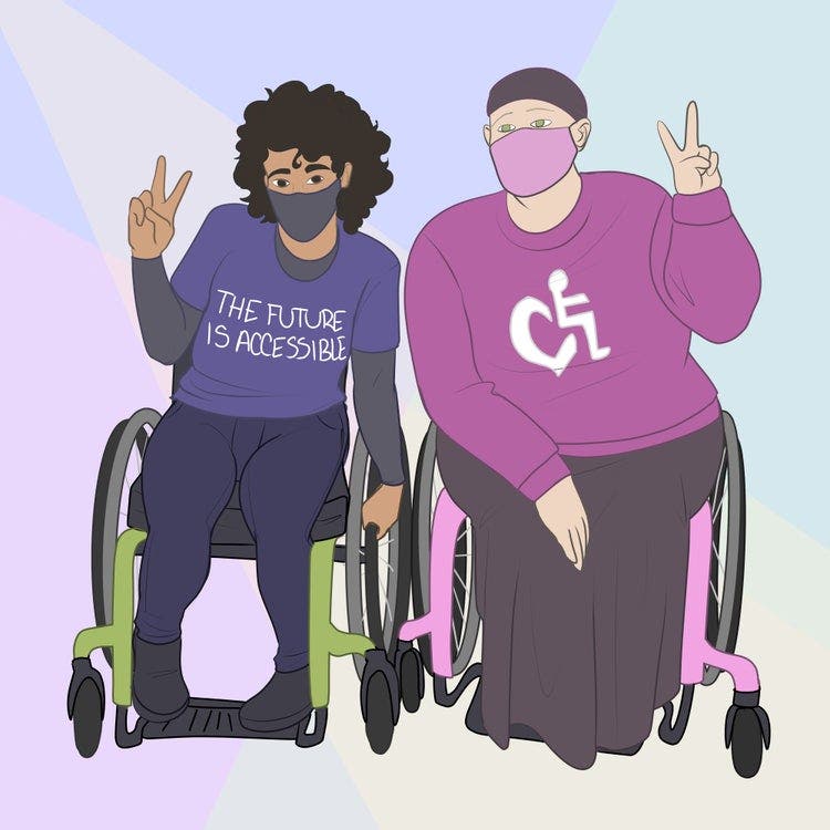 Illustration of disabled friends holding up Peace signs.