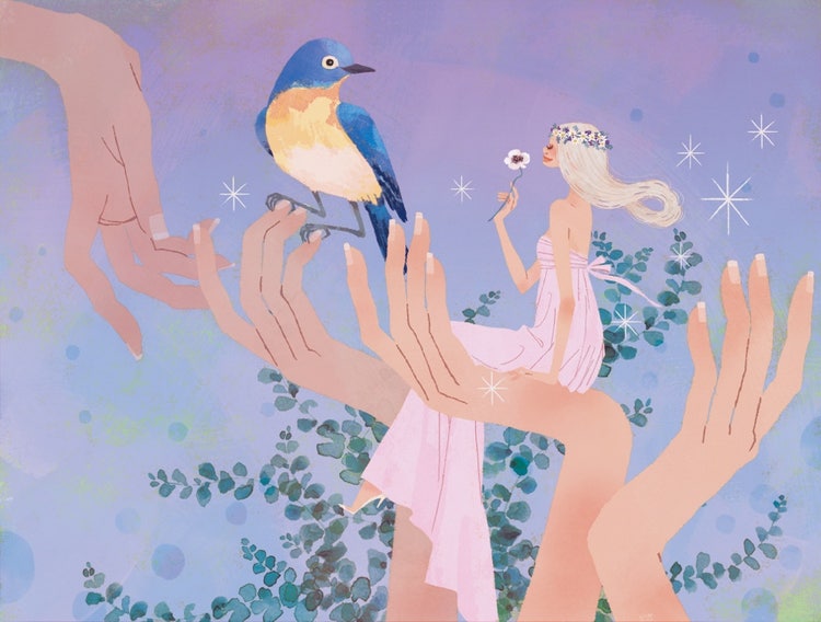 立つ, 女性, 鳥 が含まれている画像 自動的に生成された説明