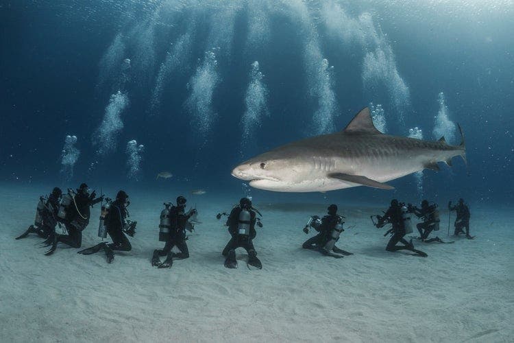 Group of divers looking at tiger shark at bottom of sea, image by Patick Masse. 