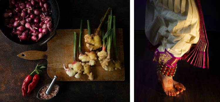 Images taken by Simi Jois of food and spices and an image of a Bharatanatyam dancer's feet.