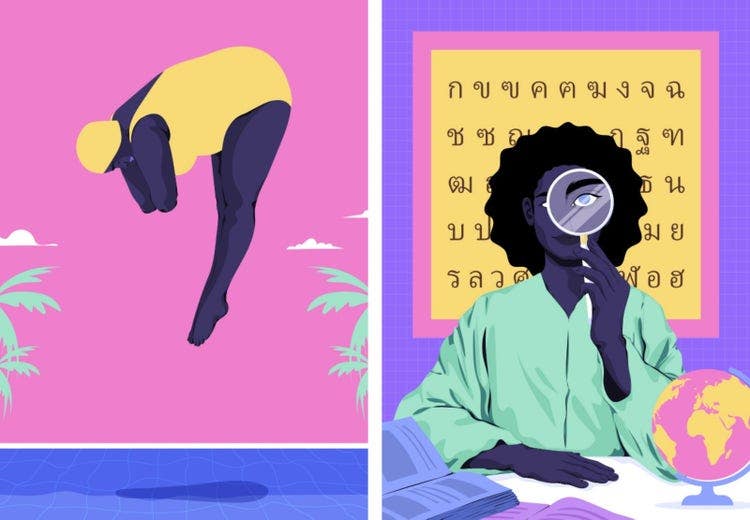 Left image: Woman with disability diving into swimming pool. Right image: School language teacher in classroom.